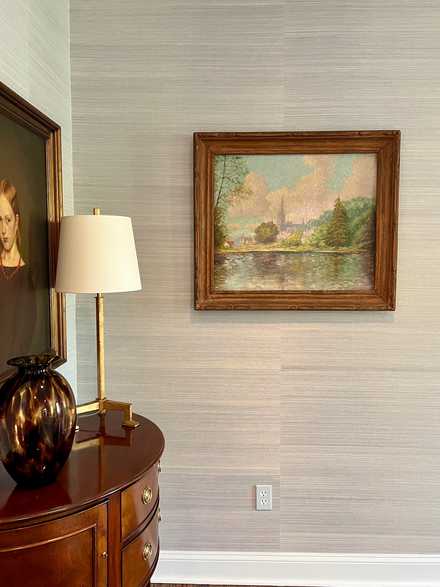 Antique Early 20th Century Waterfront Landscape Oil Painting in Carved Wood Frame
