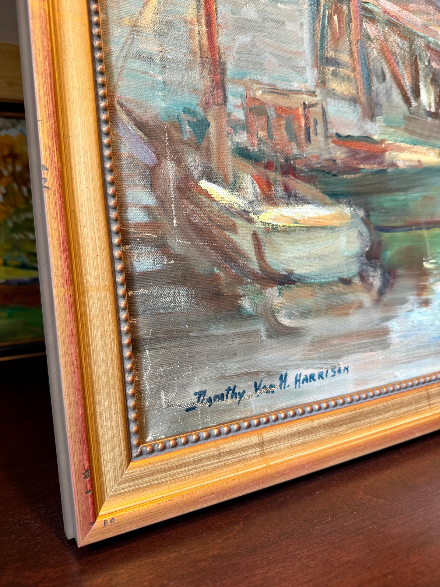 Dorothy Van Houten Harrison Evening in Maine Harborscape Oil Painting in Gold Beaded Frame