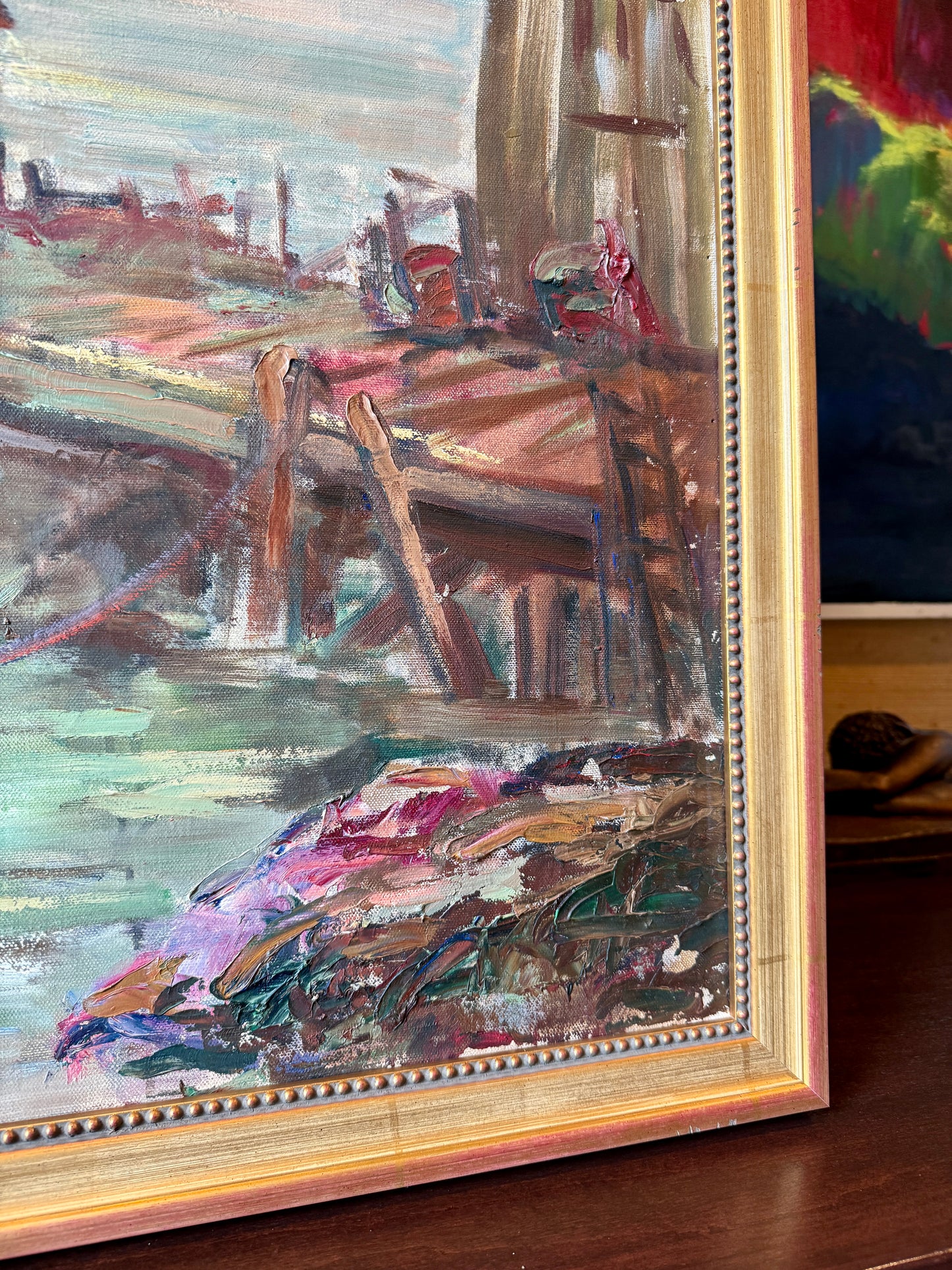 Dorothy Van Houten Harrison Evening in Maine Harborscape Oil Painting in Gold Beaded Frame