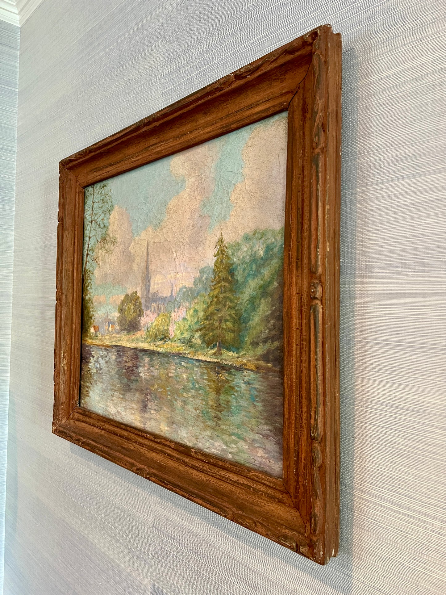 Antique Early 20th Century Waterfront Landscape Oil Painting in Carved Wood Frame