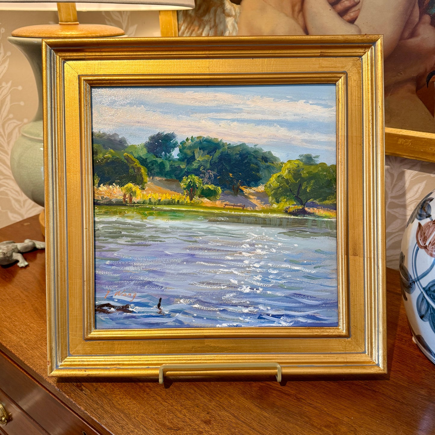 Youqing Wang April Reflections California Waterside Landscape Oil Painting in Gold Frame