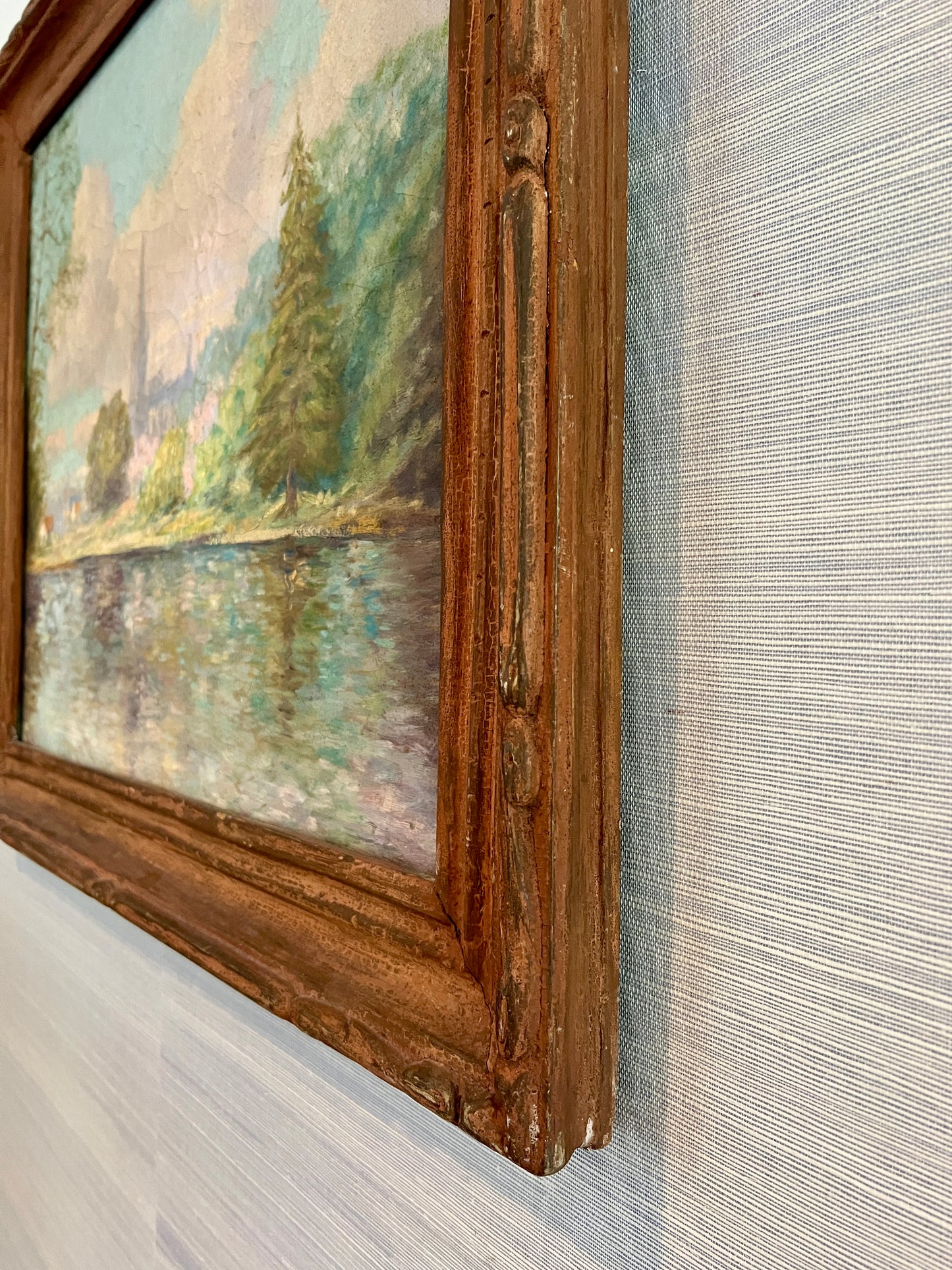 Antique Early 20th Century Waterfront Landscape Oil Painting in Carved Wood Frame