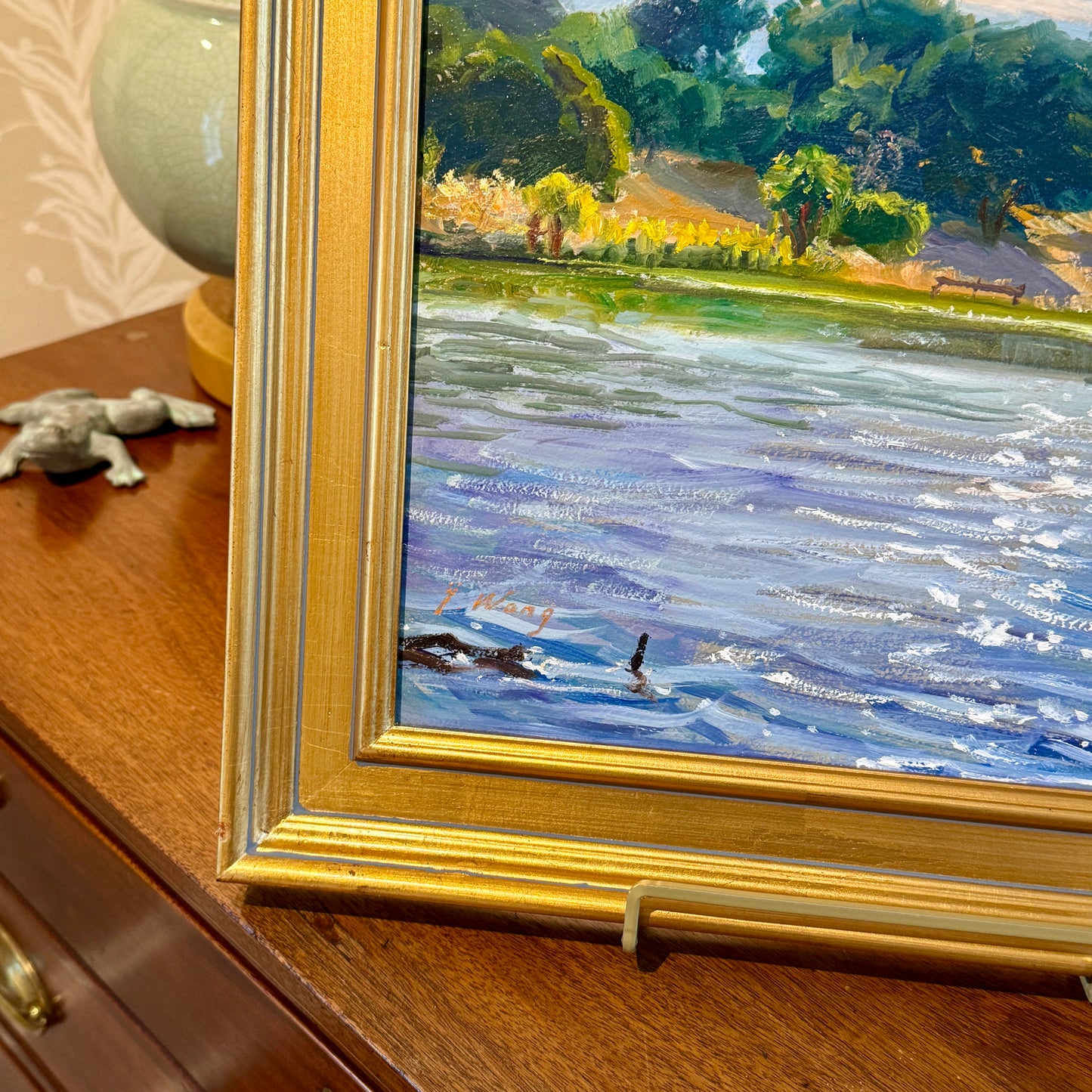 Youqing Wang April Reflections California Waterside Landscape Oil Painting in Gold Frame