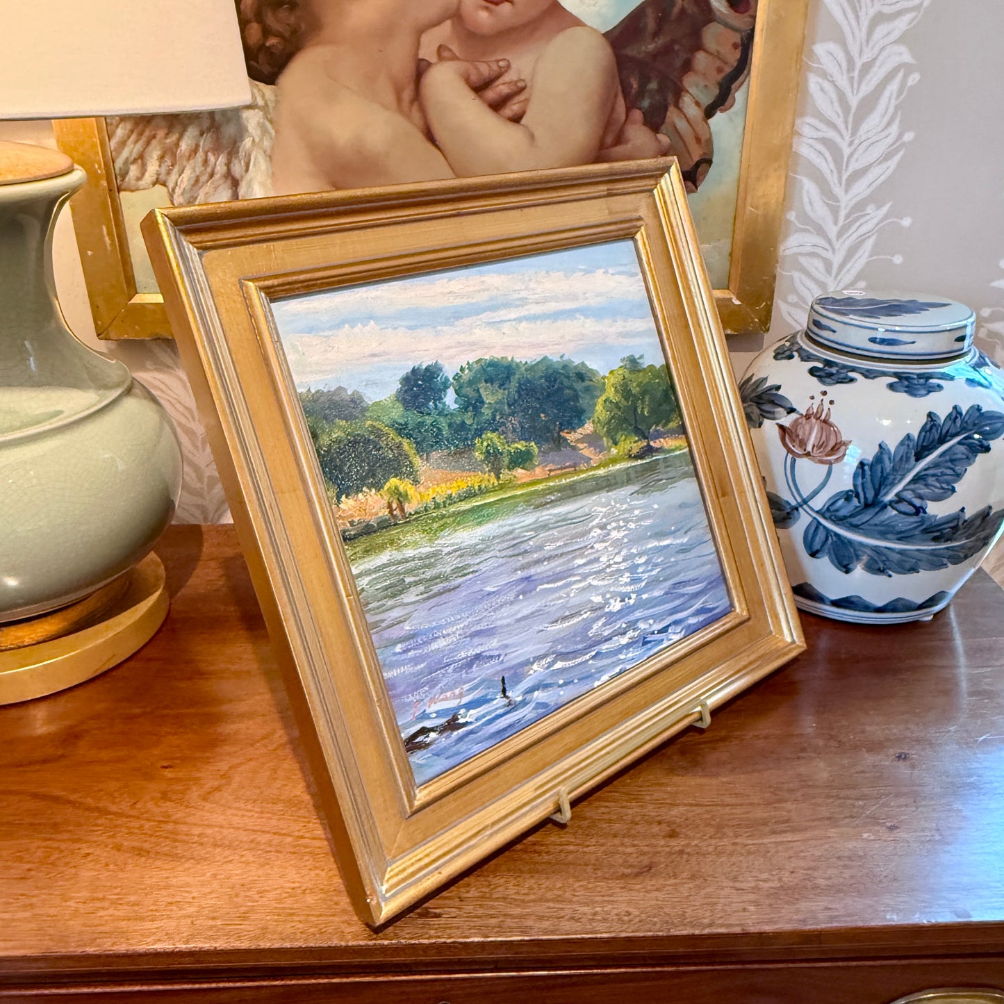 Youqing Wang April Reflections California Waterside Landscape Oil Painting in Gold Frame