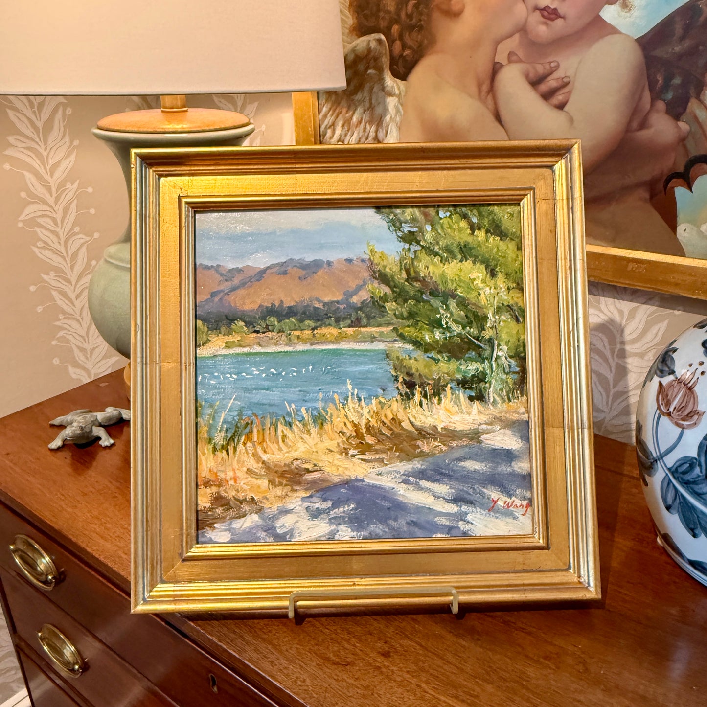 Youqing Wang Spring Shadows California Waterside Landscape Oil Painting in Gold Frame