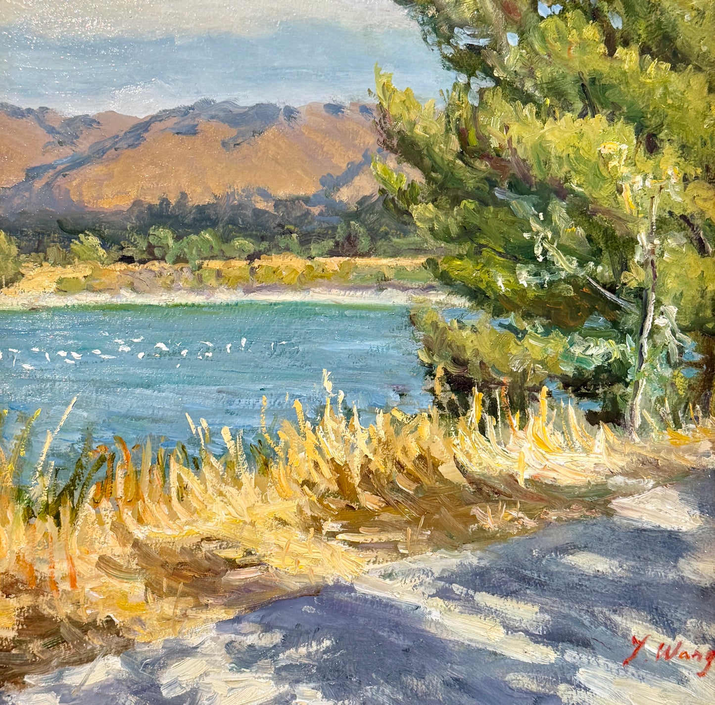 Youqing Wang Spring Shadows California Waterside Landscape Oil Painting in Gold Frame