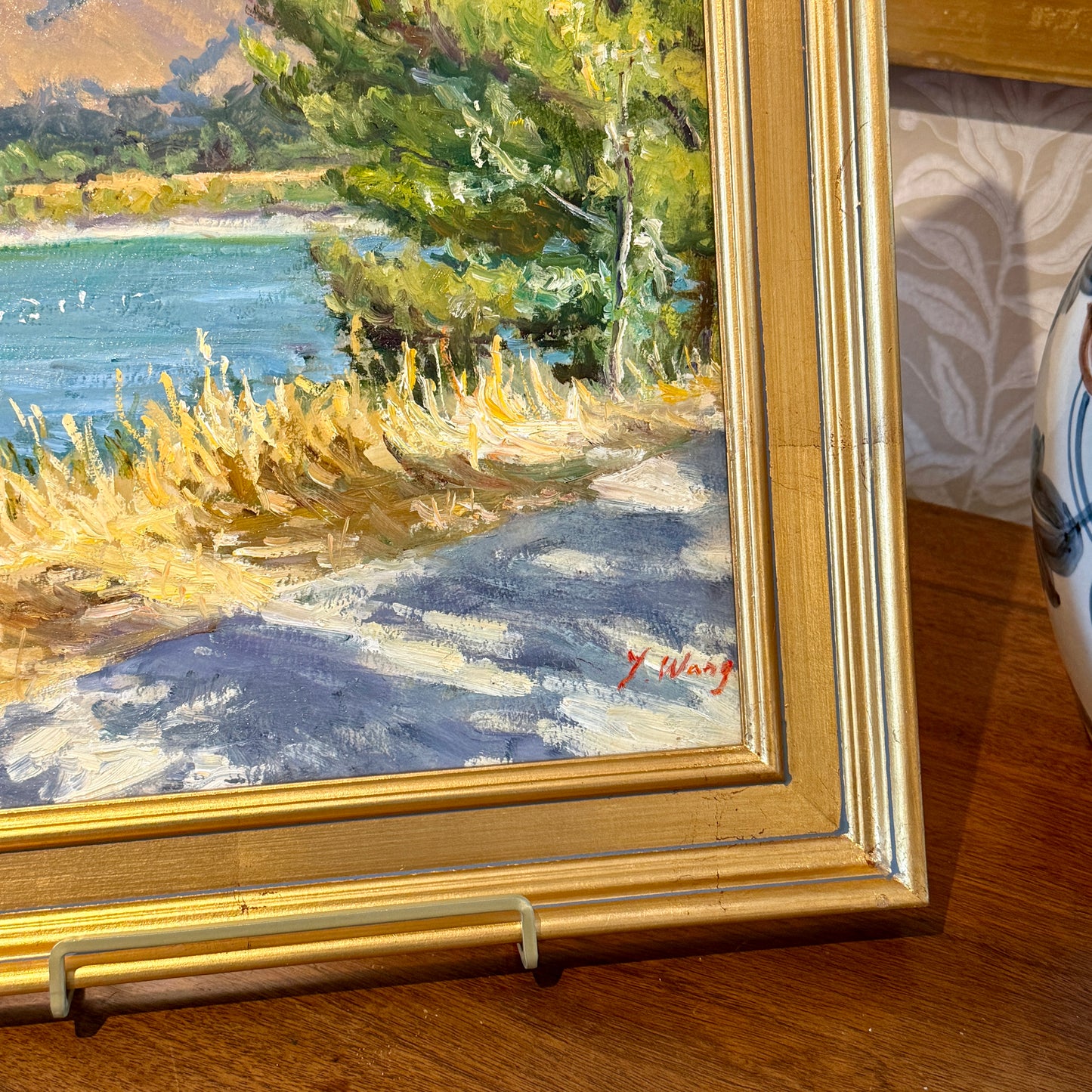 Youqing Wang Spring Shadows California Waterside Landscape Oil Painting in Gold Frame