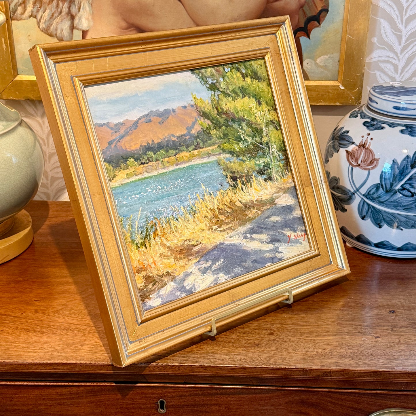 Youqing Wang Spring Shadows California Waterside Landscape Oil Painting in Gold Frame