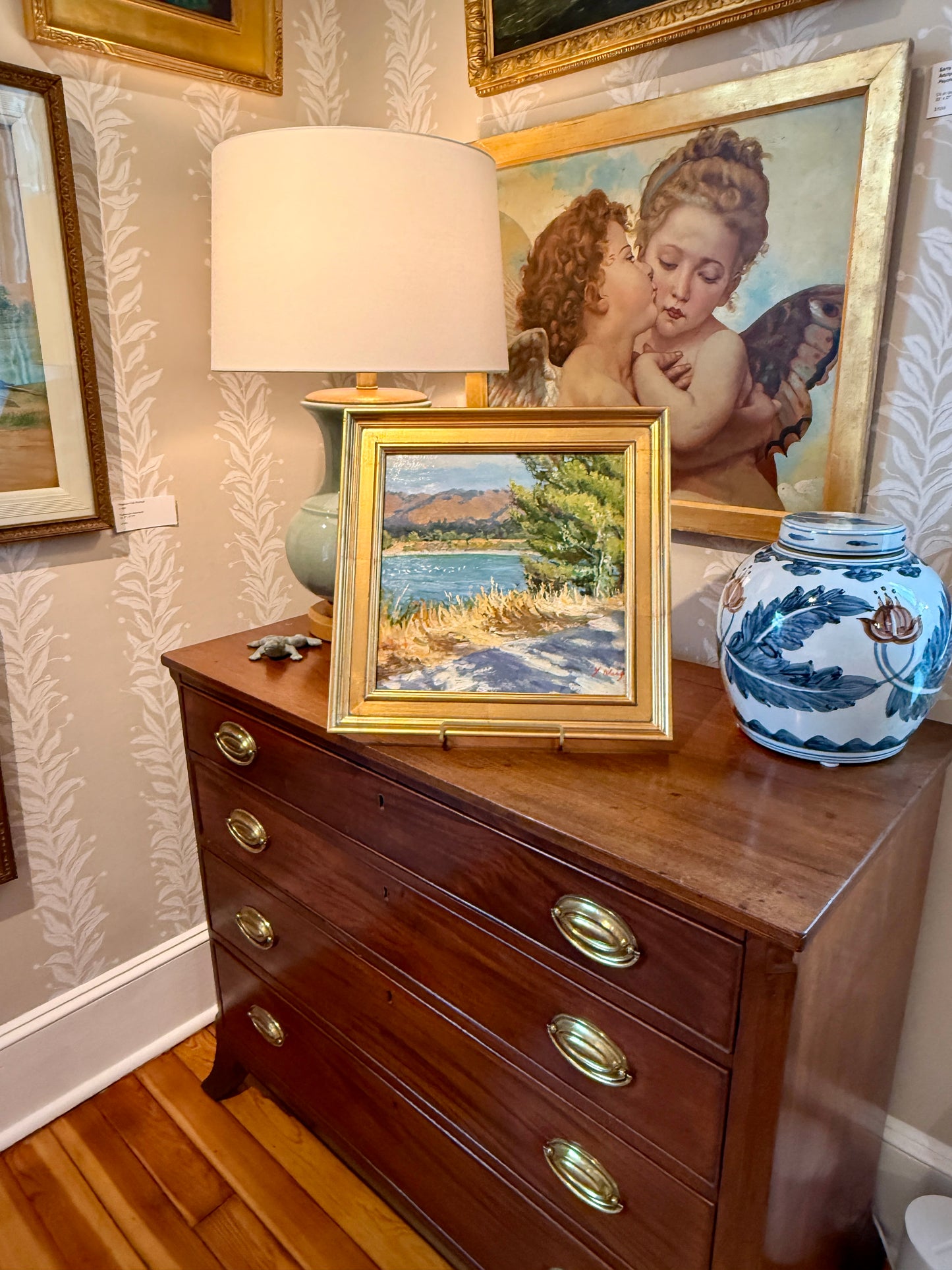 Youqing Wang Spring Shadows California Waterside Landscape Oil Painting in Gold Frame
