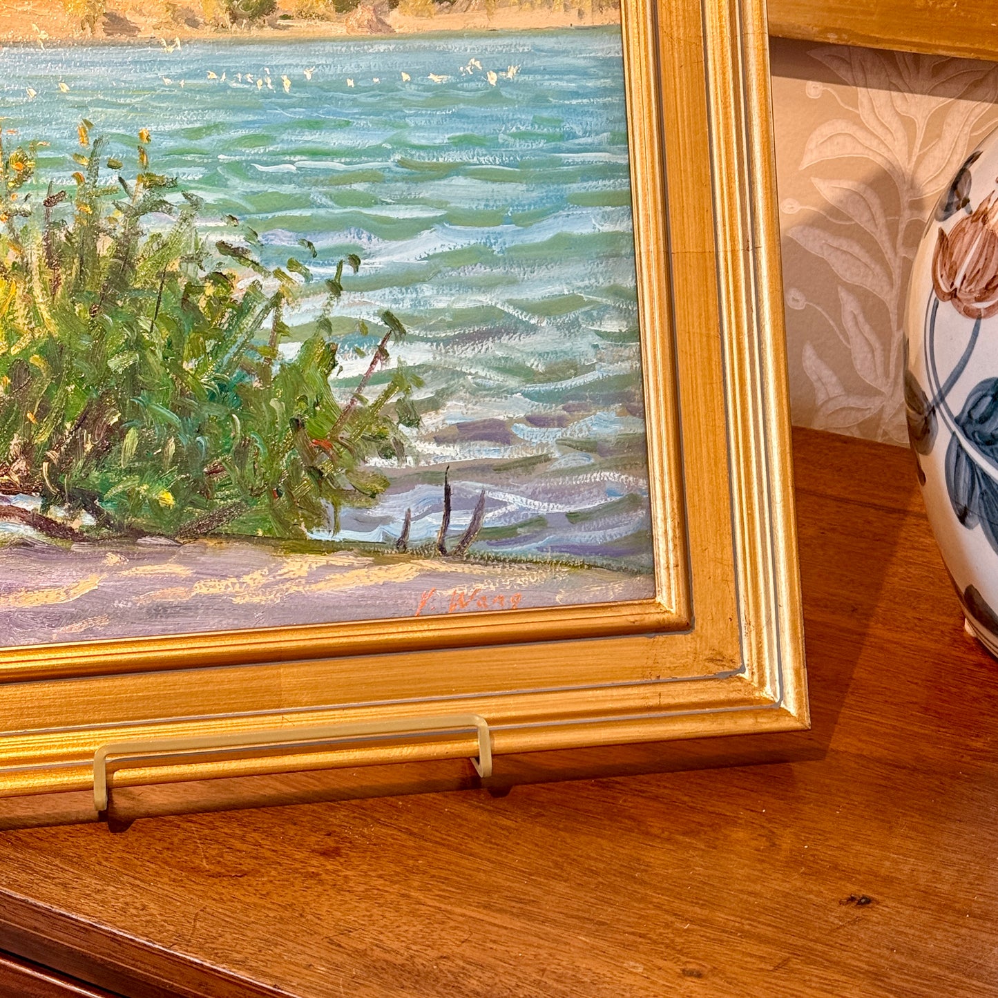 Youqing Wang Afternoon Breeze California Waterside Landscape Oil Painting in Gold Frame