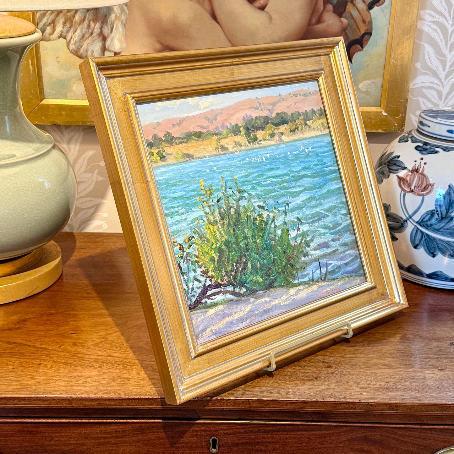 Youqing Wang Afternoon Breeze California Waterside Landscape Oil Painting in Gold Frame