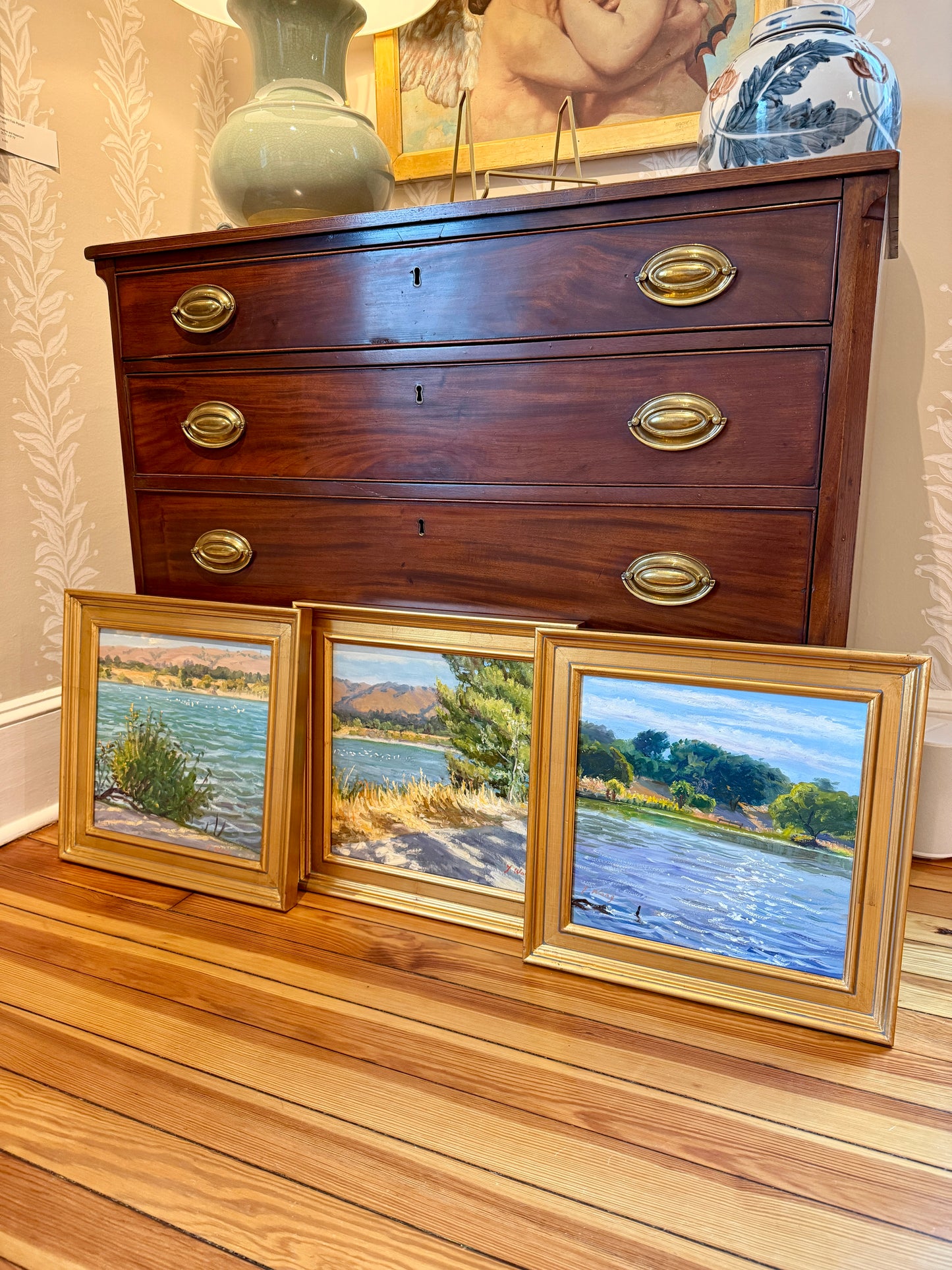 Youqing Wang Afternoon Breeze California Waterside Landscape Oil Painting in Gold Frame
