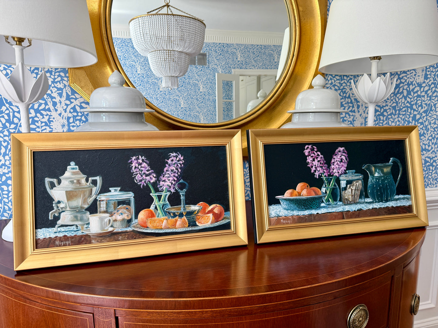 Pair of Brian Magargal Fresh Lemonade and Fresh Tea Still Life Oil Paintings in Gold Frames