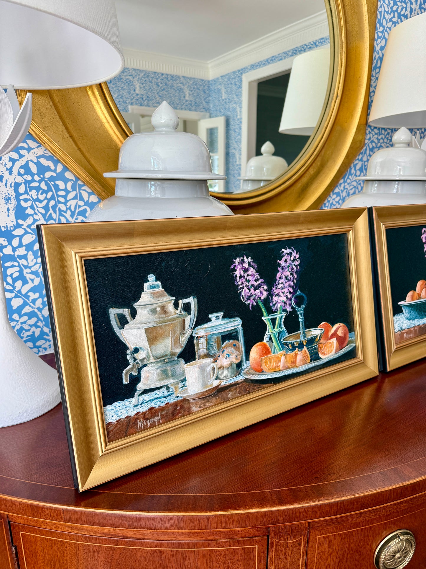 Pair of Brian Magargal Fresh Lemonade and Fresh Tea Still Life Oil Paintings in Gold Frames