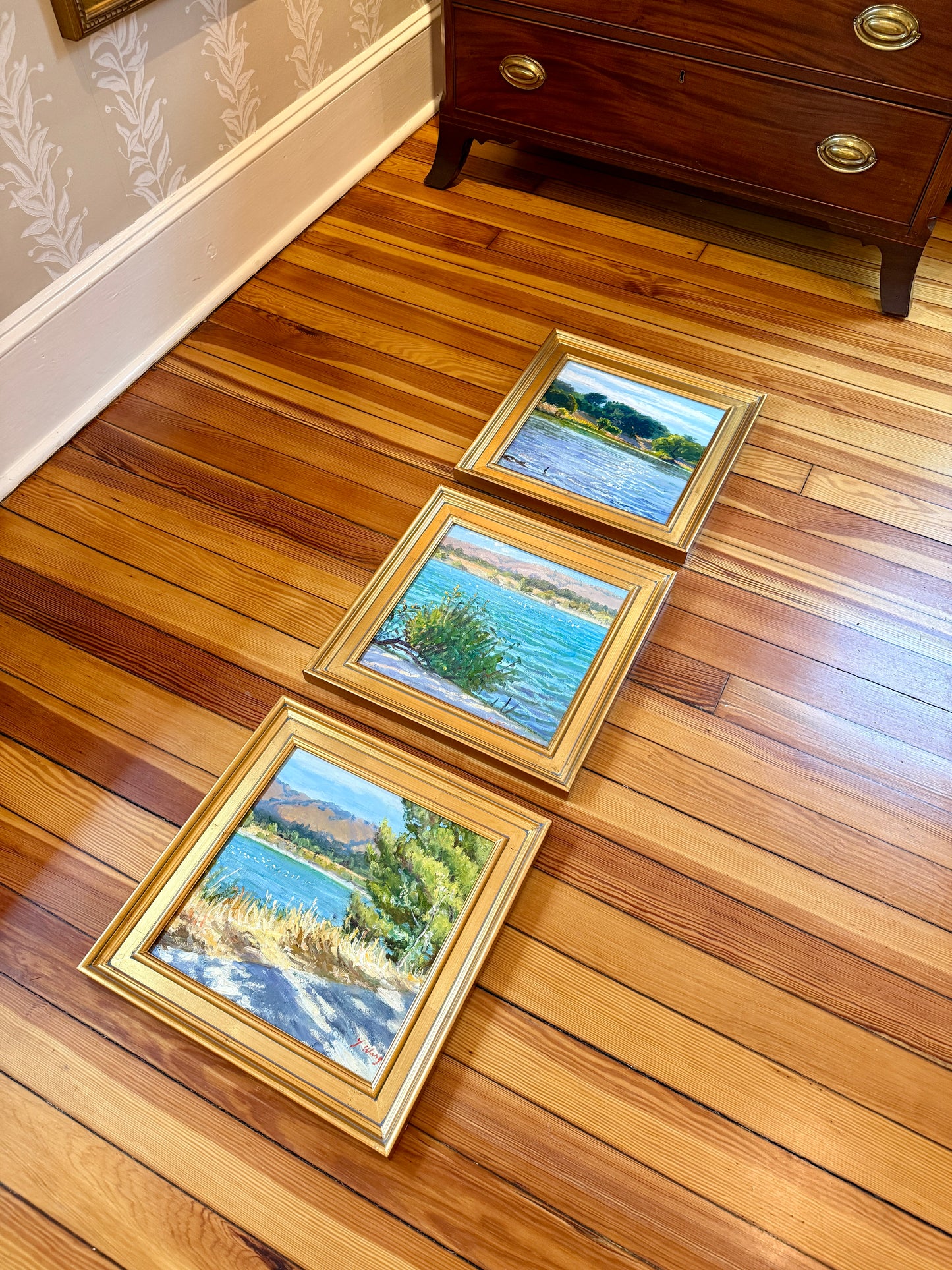 Youqing Wang Spring Shadows California Waterside Landscape Oil Painting in Gold Frame