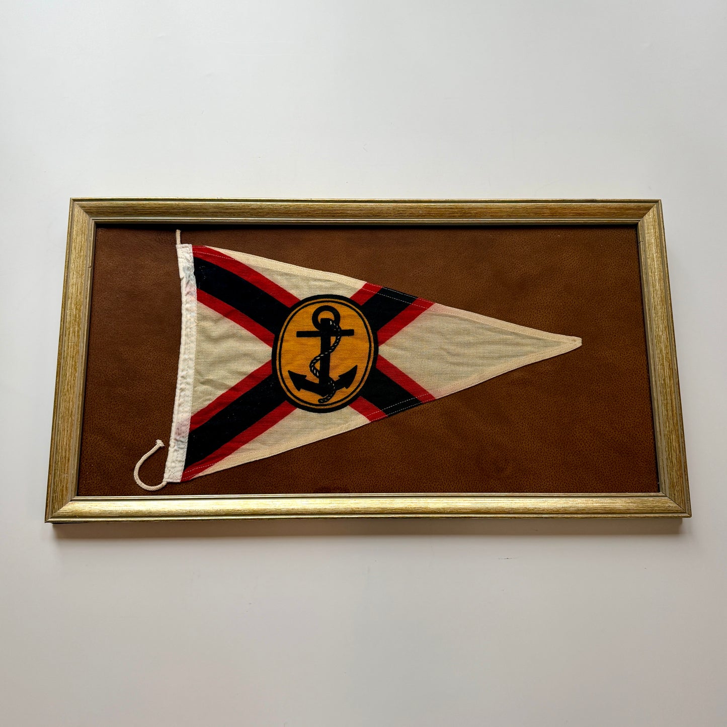 Vintage German Sailing Federation Maritime Burgee Flag on Faux Leather in Gold Frame