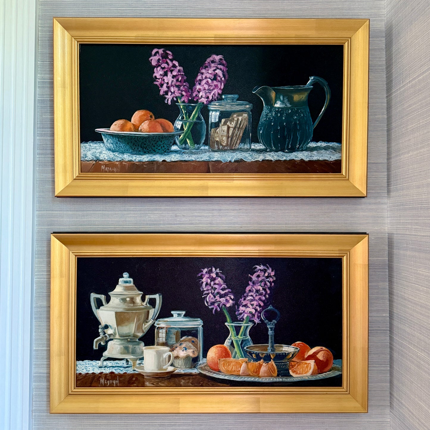 Pair of Brian Magargal Fresh Lemonade and Fresh Tea Still Life Oil Paintings in Gold Frames