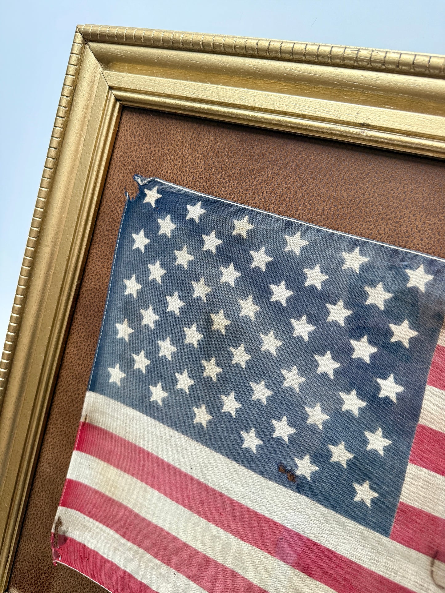 Vintage 50 Star American Flag on Faux Leather in Gold Frame