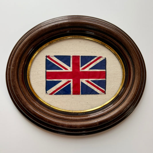 Vintage Union Jack British Parade Flag on Duck Cloth in Antique Oval Wood Frame