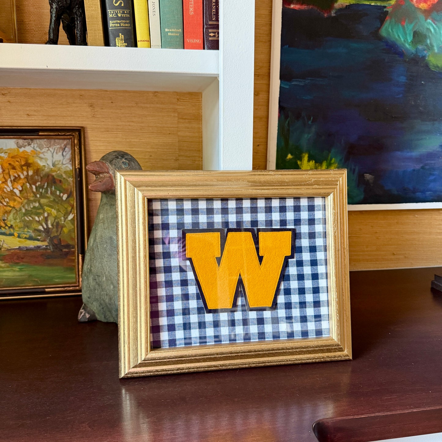 Vintage Large Varsity Initial Letter "W" on Navy Blue Gingham in Gold Frame