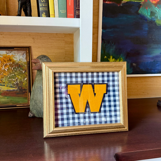 Vintage Large Varsity Initial Letter "W" on Navy Blue Gingham in Gold Frame