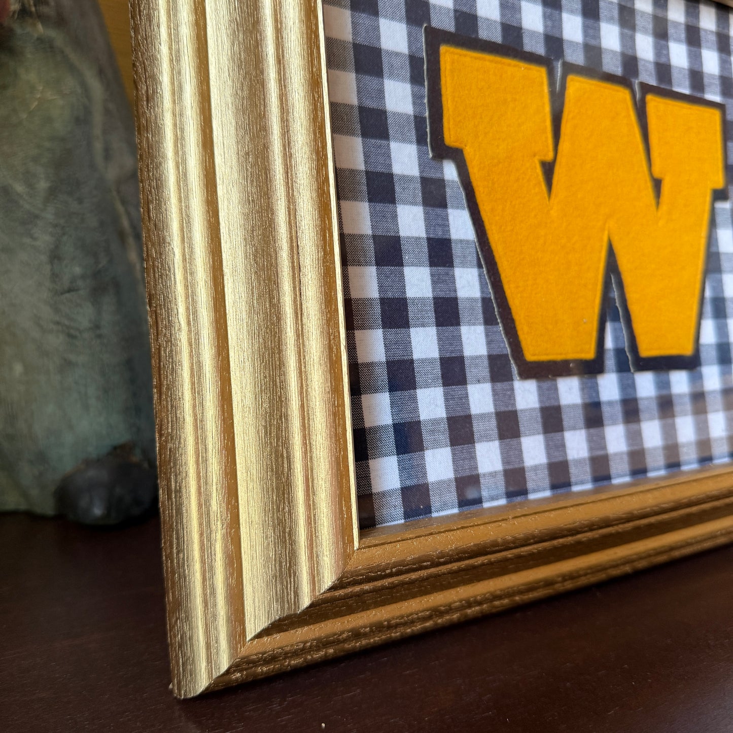 Vintage Large Varsity Initial Letter "W" on Navy Blue Gingham in Gold Frame