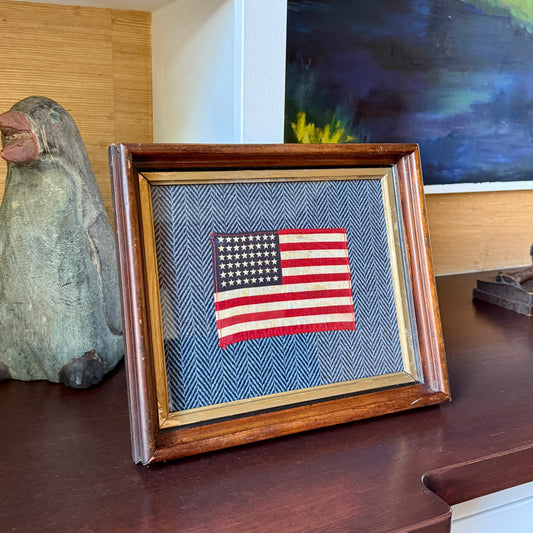 48 Star American Parade Flag on Ralph Lauren Navy Herringbone in 19th Wood Frame