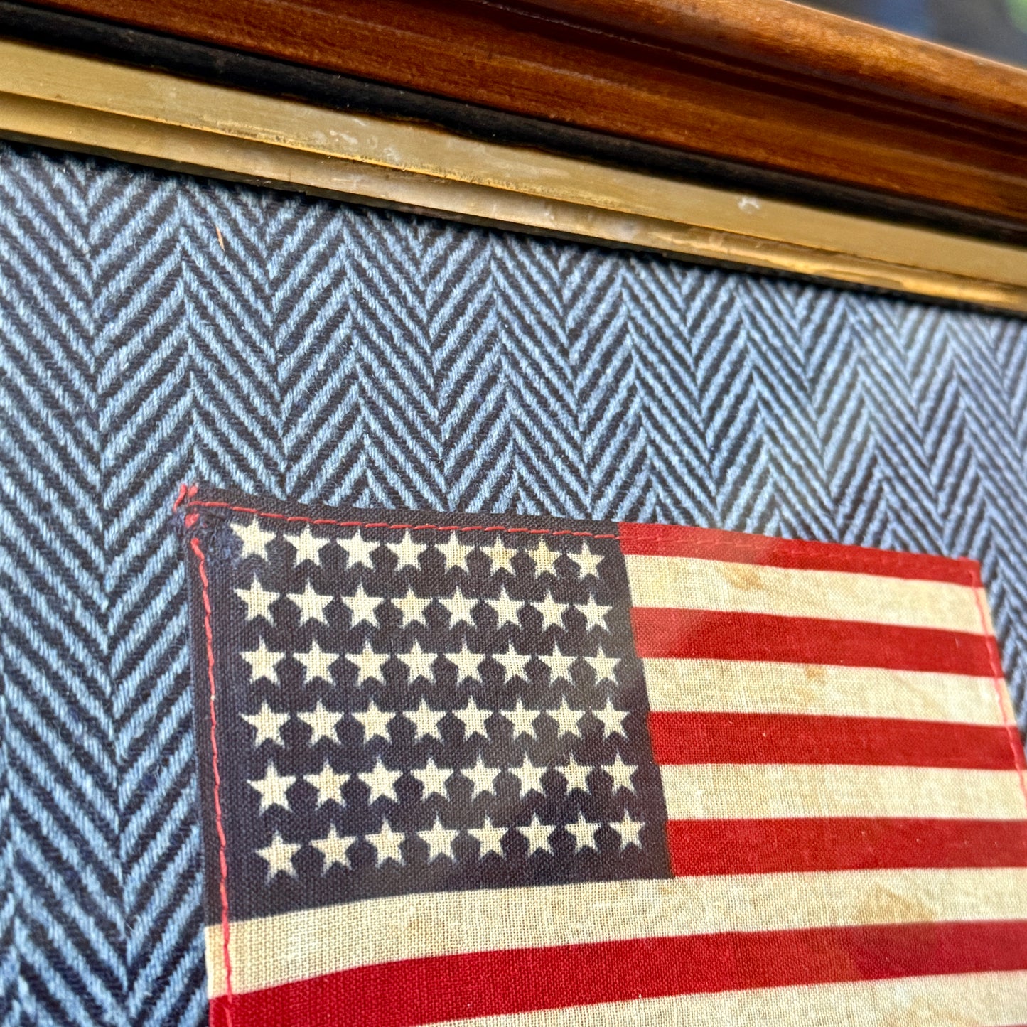 48 Star American Parade Flag on Ralph Lauren Navy Herringbone in 19th Wood Frame