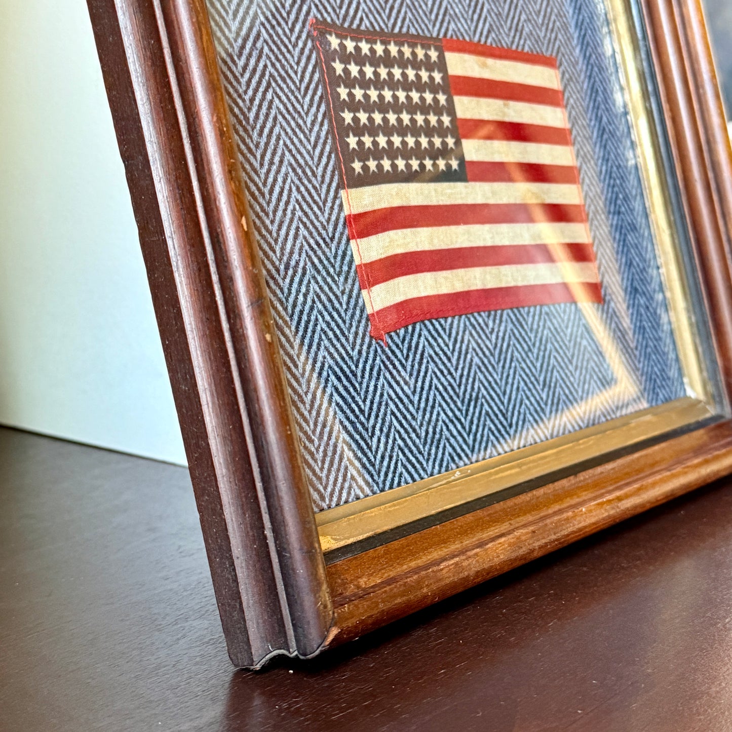 48 Star American Parade Flag on Ralph Lauren Navy Herringbone in 19th Wood Frame
