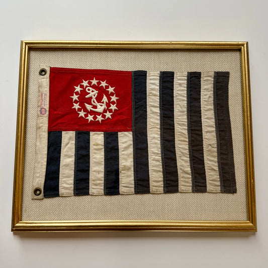 Vintage United States Power Squadron Boston Yacht Club Ensign Cotton Canvas Defiance Flag Mounted on Tan Herringbone in Gold Frame
