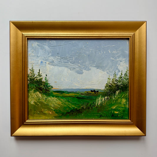 Vintage Expressionist Blue Green Landscape with Cows in Gold Frames
