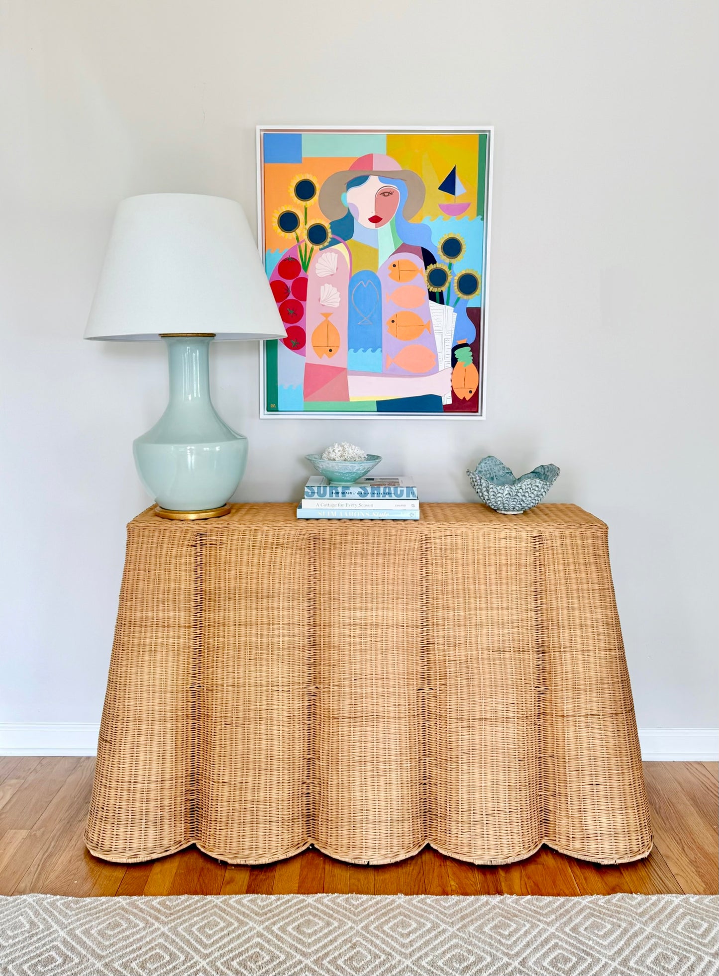 Rebecca Adler Market Day at the Shore Female Expressive Portrait Painting in White Floater Frame