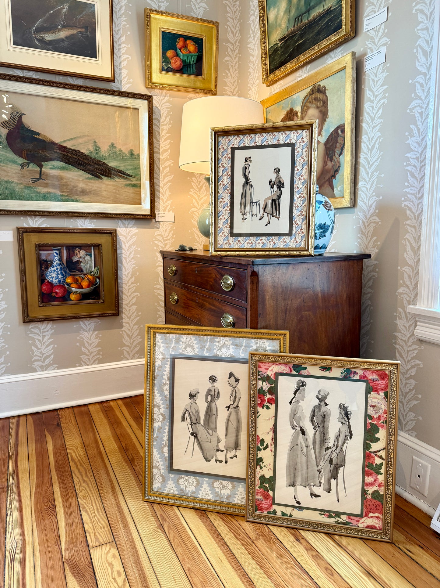 Catherine Figart Vogue Watercolor Fashion Illustration on Blue Block Print Floral in Gold Frame