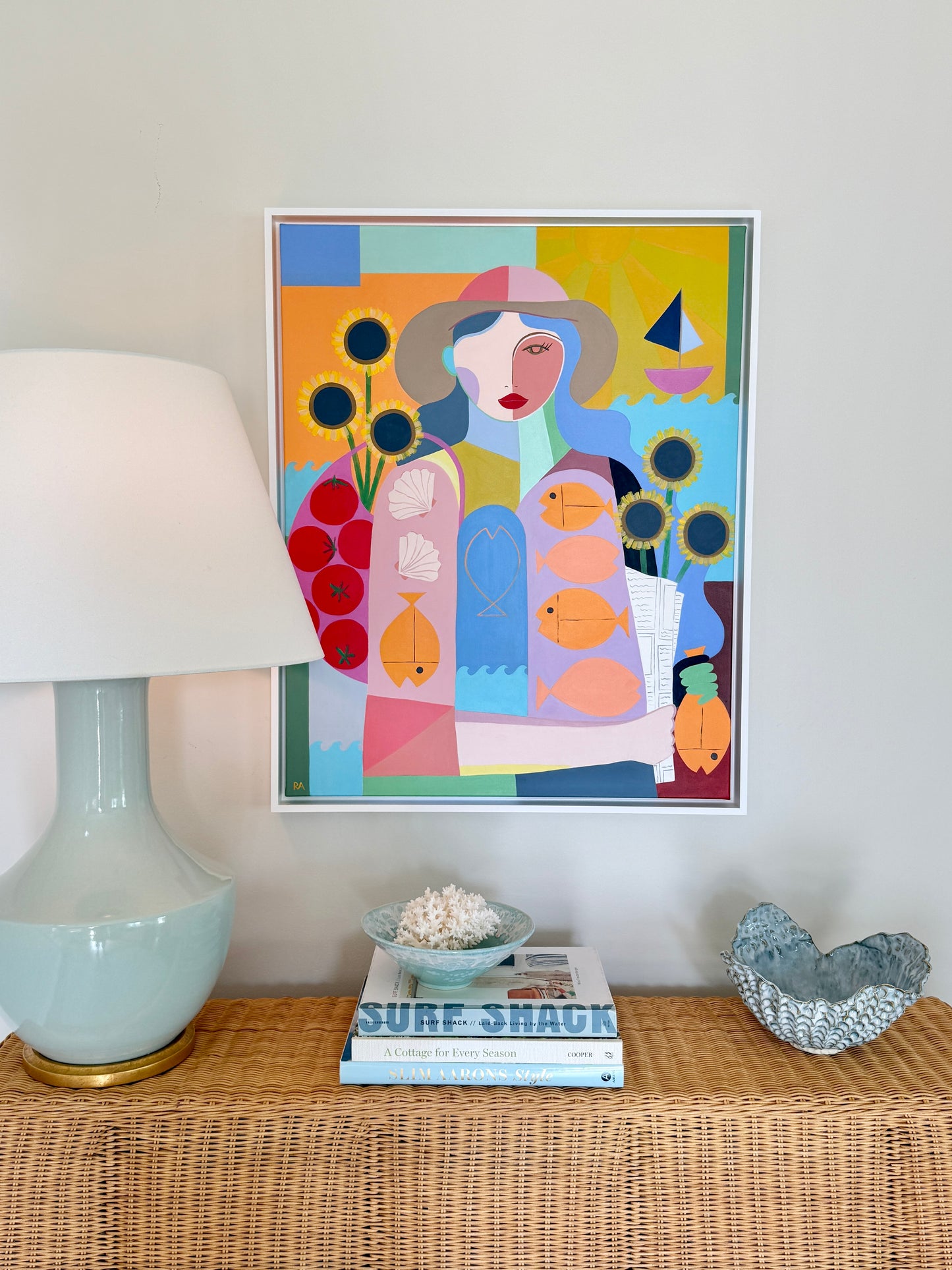 Rebecca Adler Market Day at the Shore Female Expressive Portrait Painting in White Floater Frame