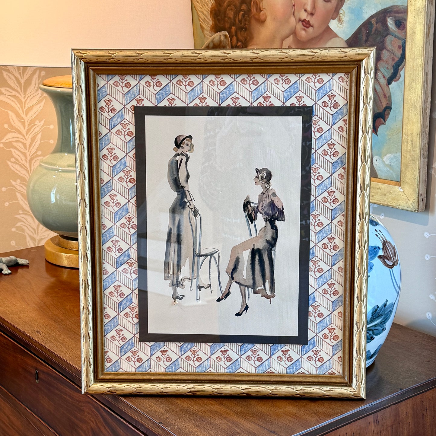 Catherine Figart Vogue Watercolor Fashion Illustration on Blue Block Print Floral in Gold Frame