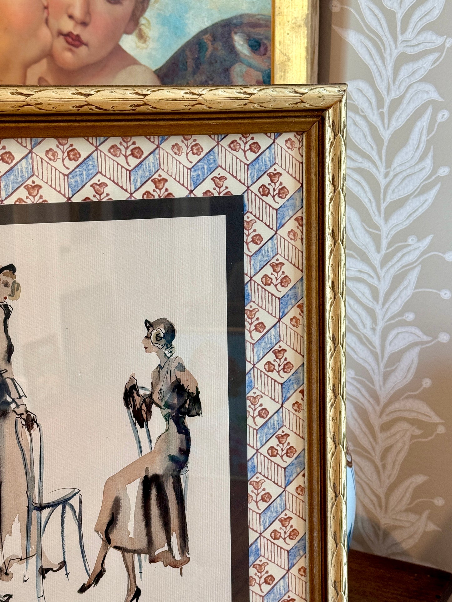 Catherine Figart Vogue Watercolor Fashion Illustration on Blue Block Print Floral in Gold Frame