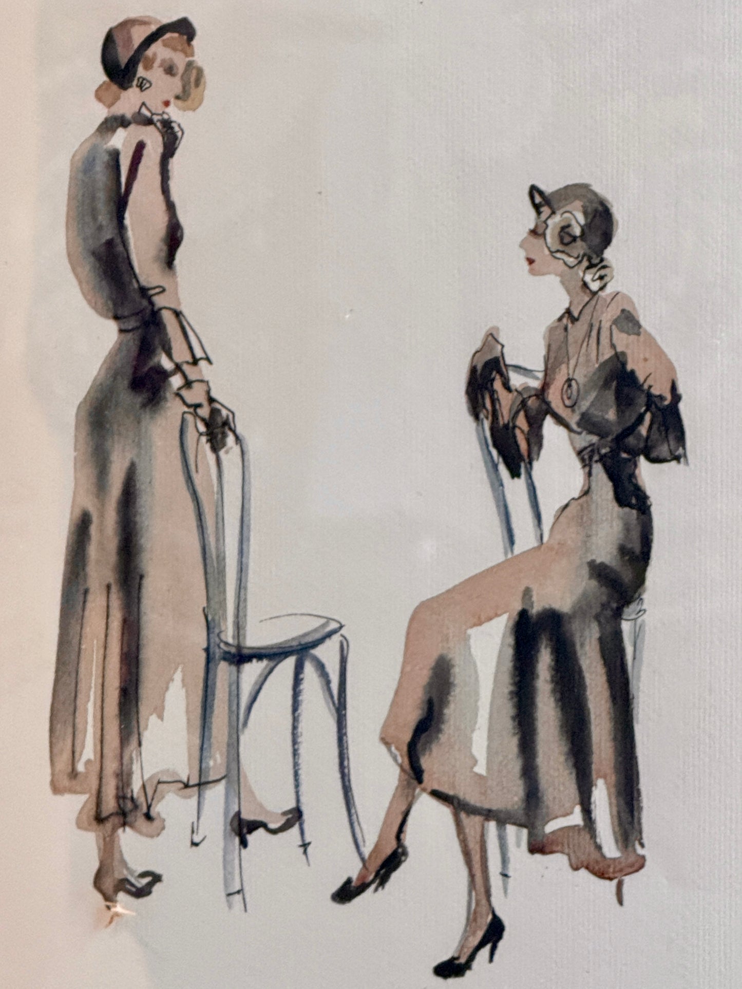 Catherine Figart Vogue Watercolor Fashion Illustration on Blue Block Print Floral in Gold Frame