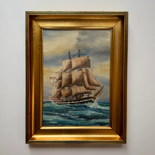 Early 20th Century Clipper Ship Seascape Portrait Oil Painting in Gold Frame