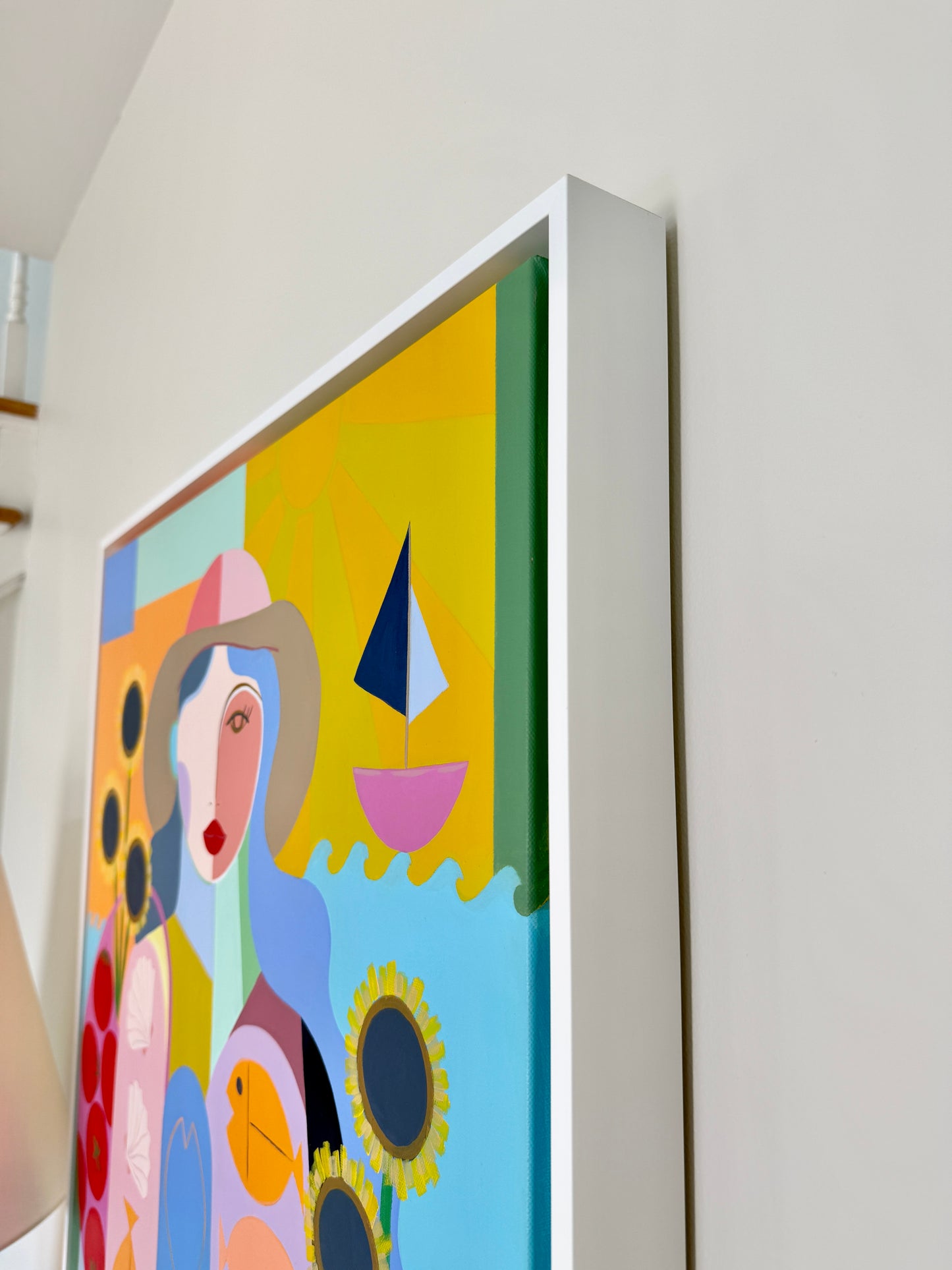 Rebecca Adler Market Day at the Shore Female Expressive Portrait Painting in White Floater Frame