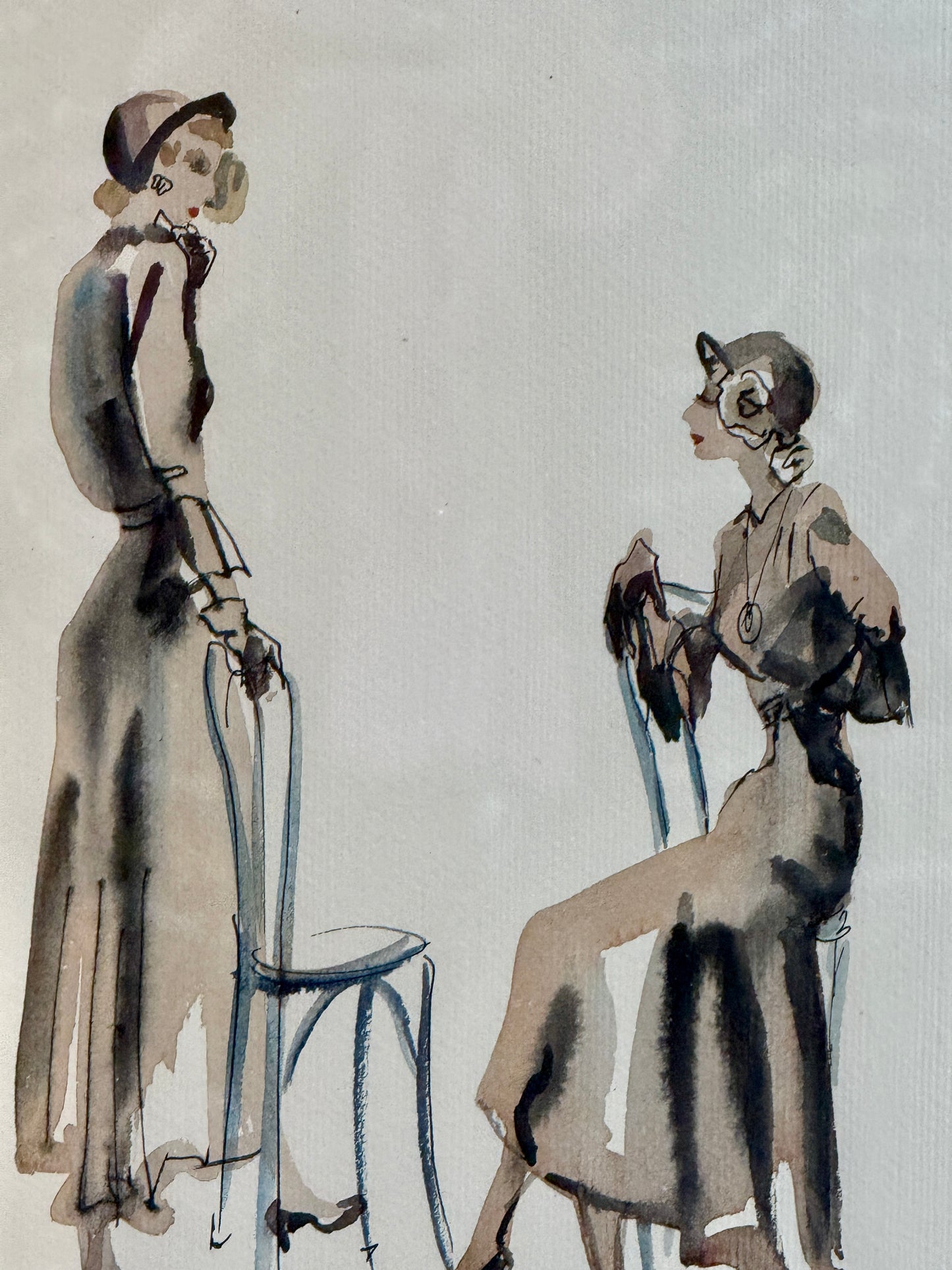 Catherine Figart Vogue Watercolor Fashion Illustration on Blue Block Print Floral in Gold Frame