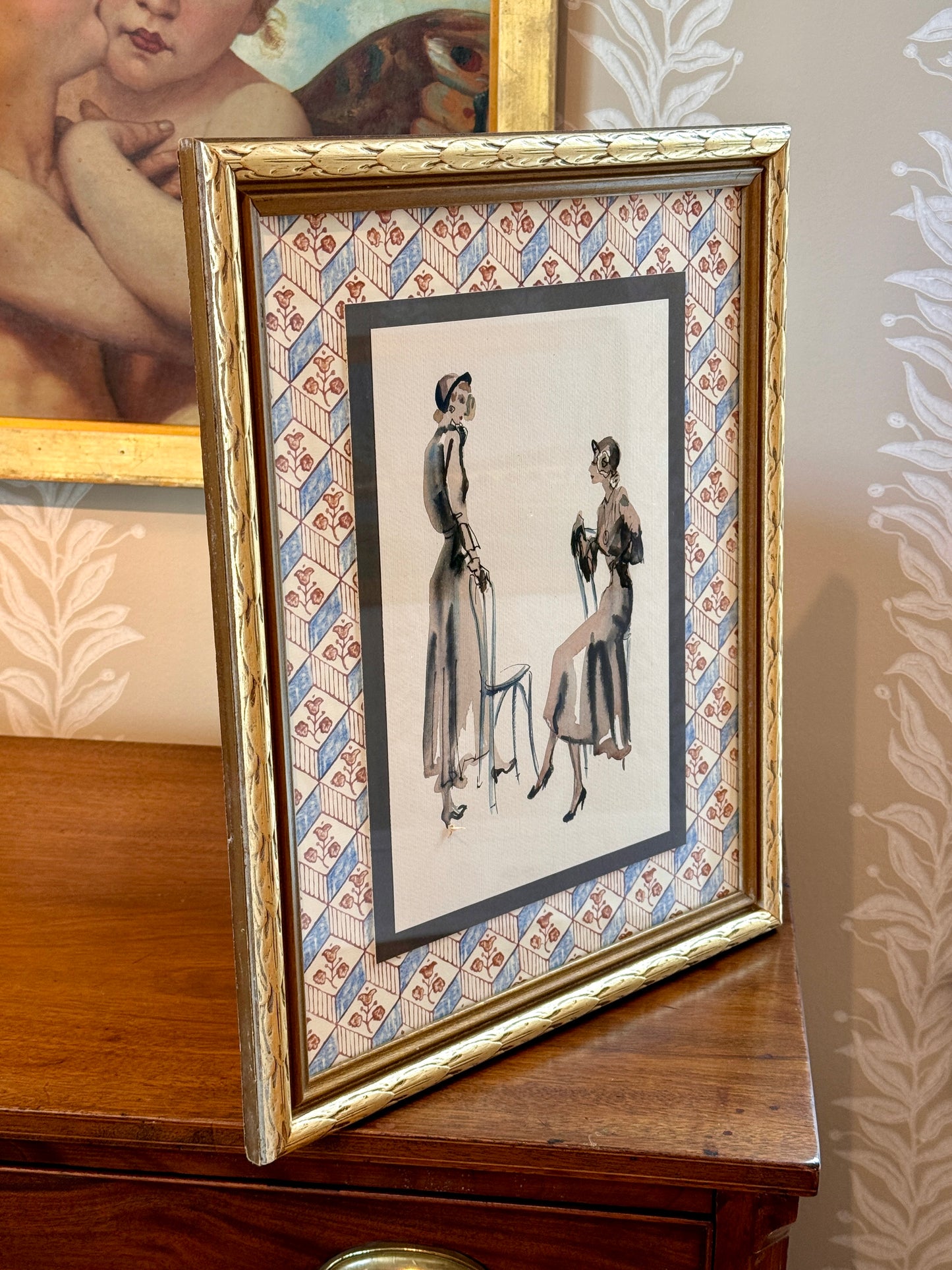 Catherine Figart Vogue Watercolor Fashion Illustration on Blue Block Print Floral in Gold Frame