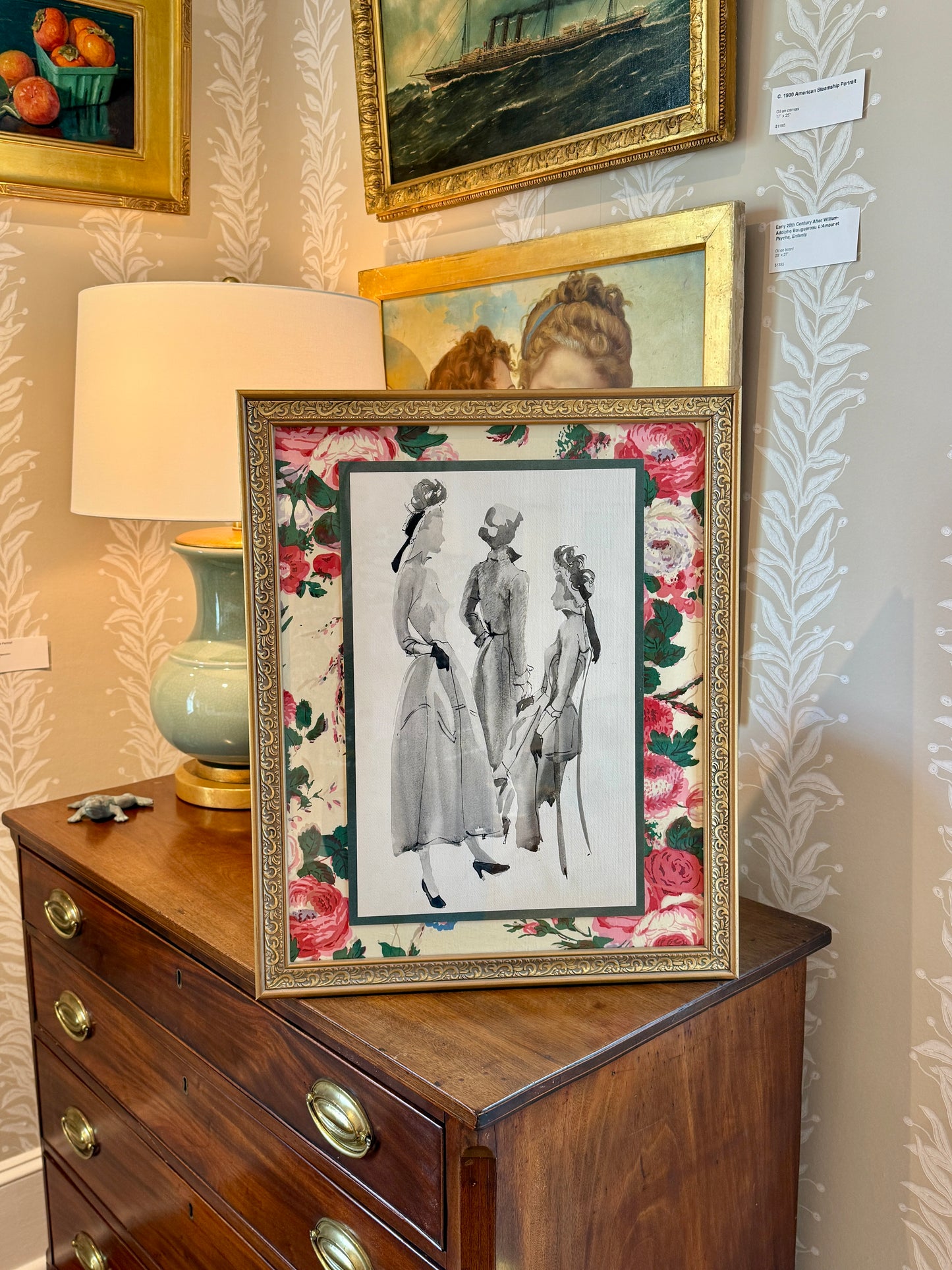 Catherine Figart Vogue Watercolor Fashion Illustration on Old English Chintz in Gold Frame