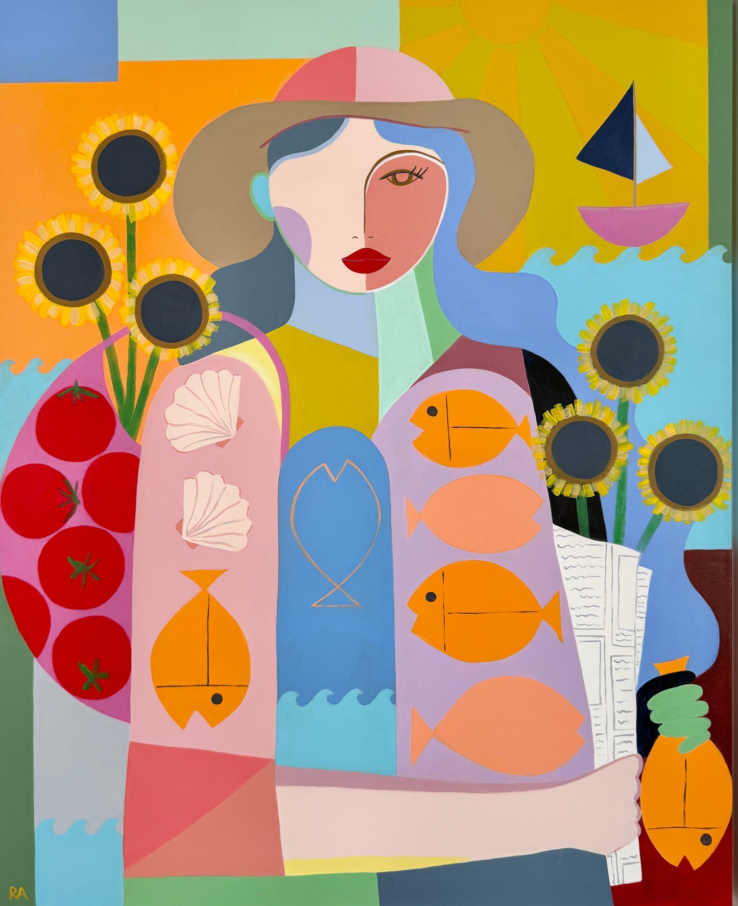 Rebecca Adler Market Day at the Shore Female Expressive Portrait Painting in White Floater Frame