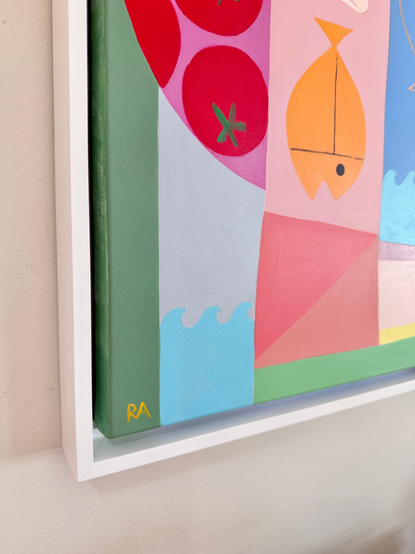 Rebecca Adler Market Day at the Shore Female Expressive Portrait Painting in White Floater Frame