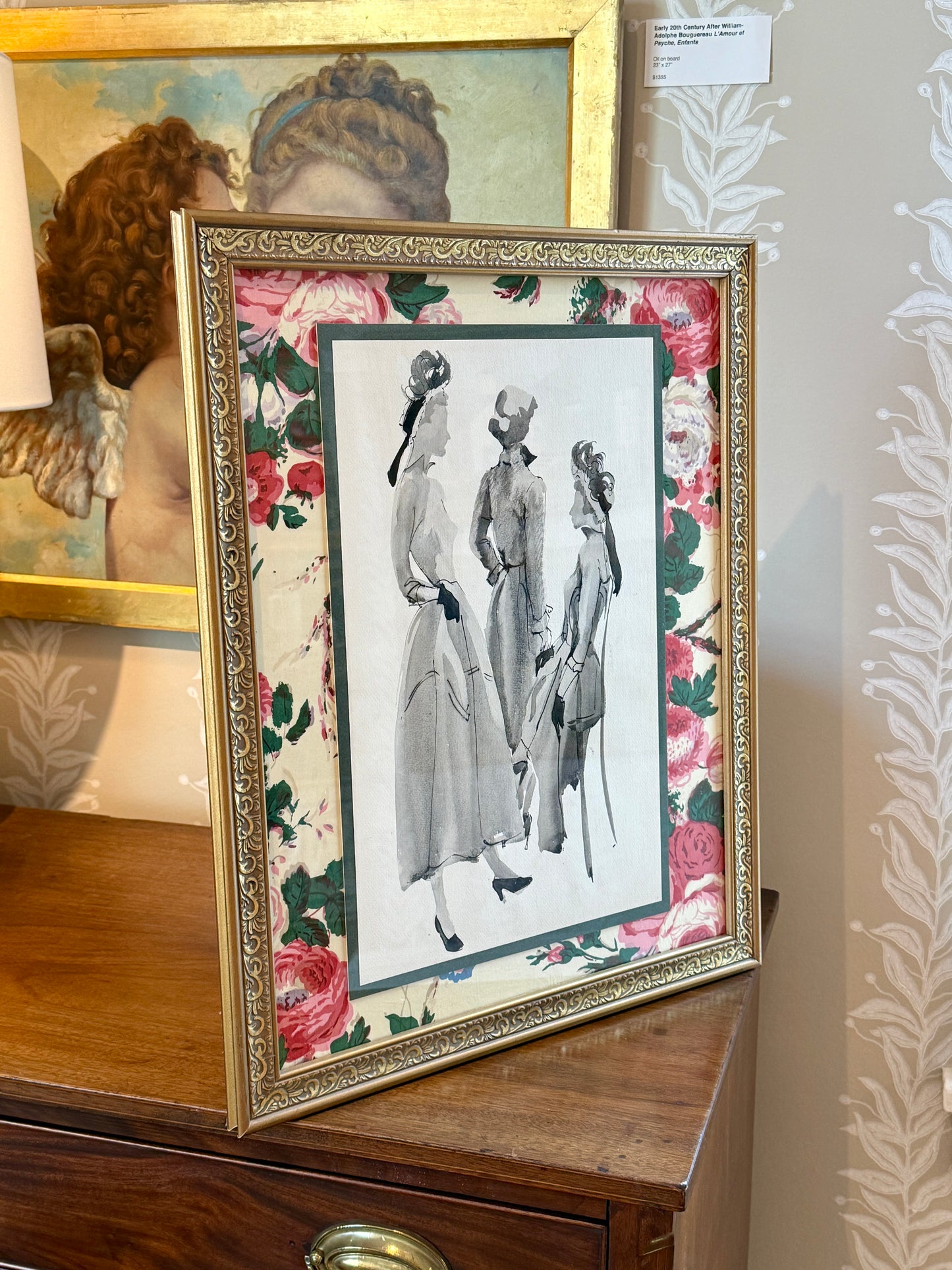 Catherine Figart Vogue Watercolor Fashion Illustration on Old English Chintz in Gold Frame