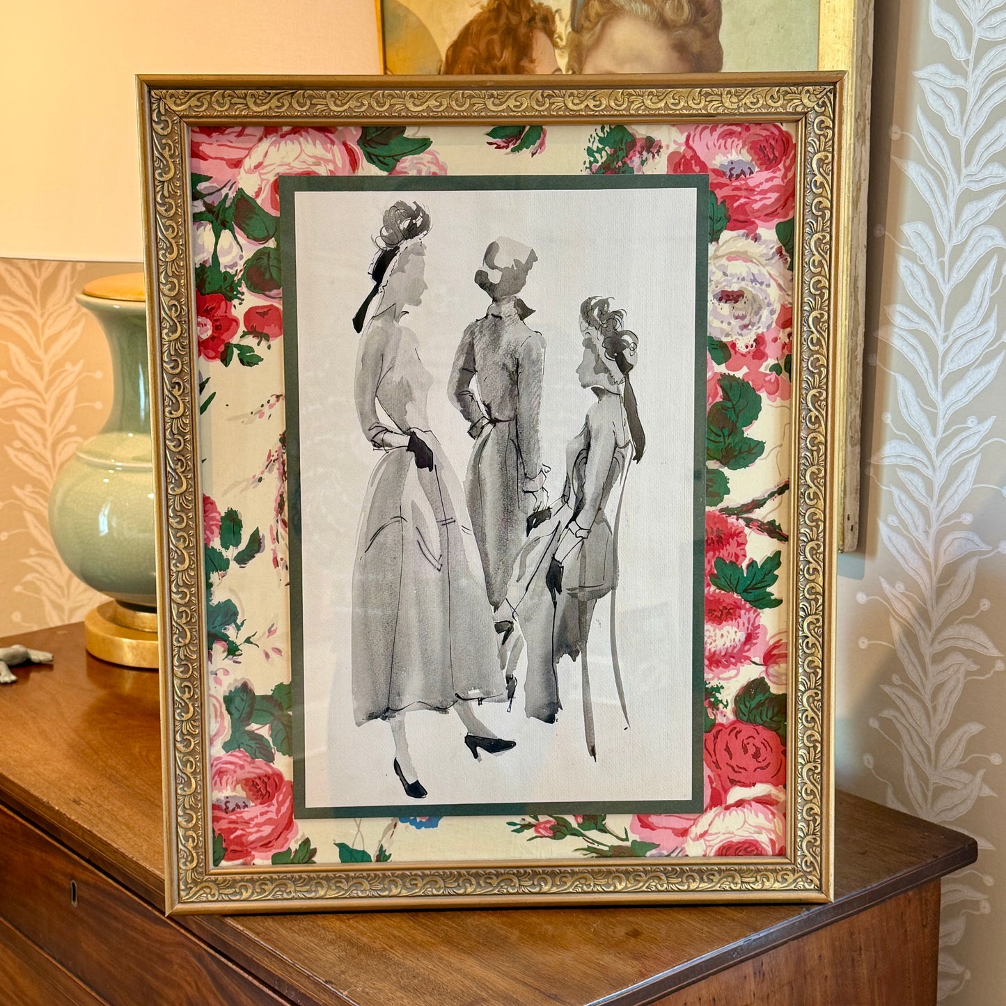 Catherine Figart Vogue Watercolor Fashion Illustration on Old English Chintz in Gold Frame