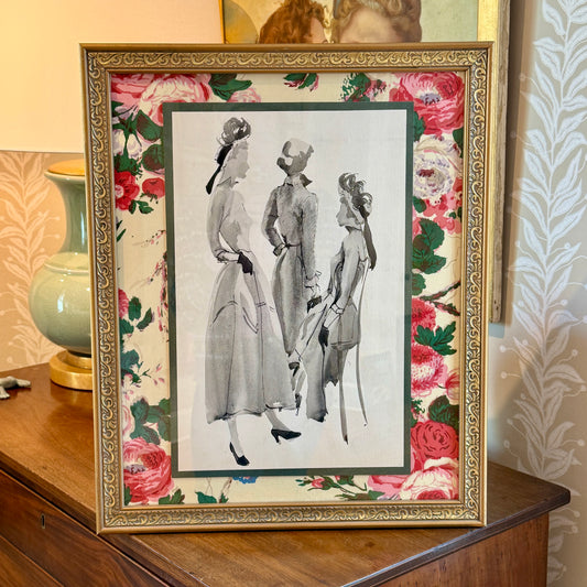 Catherine Figart Vogue Watercolor Fashion Illustration on Old English Chintz in Gold Frame