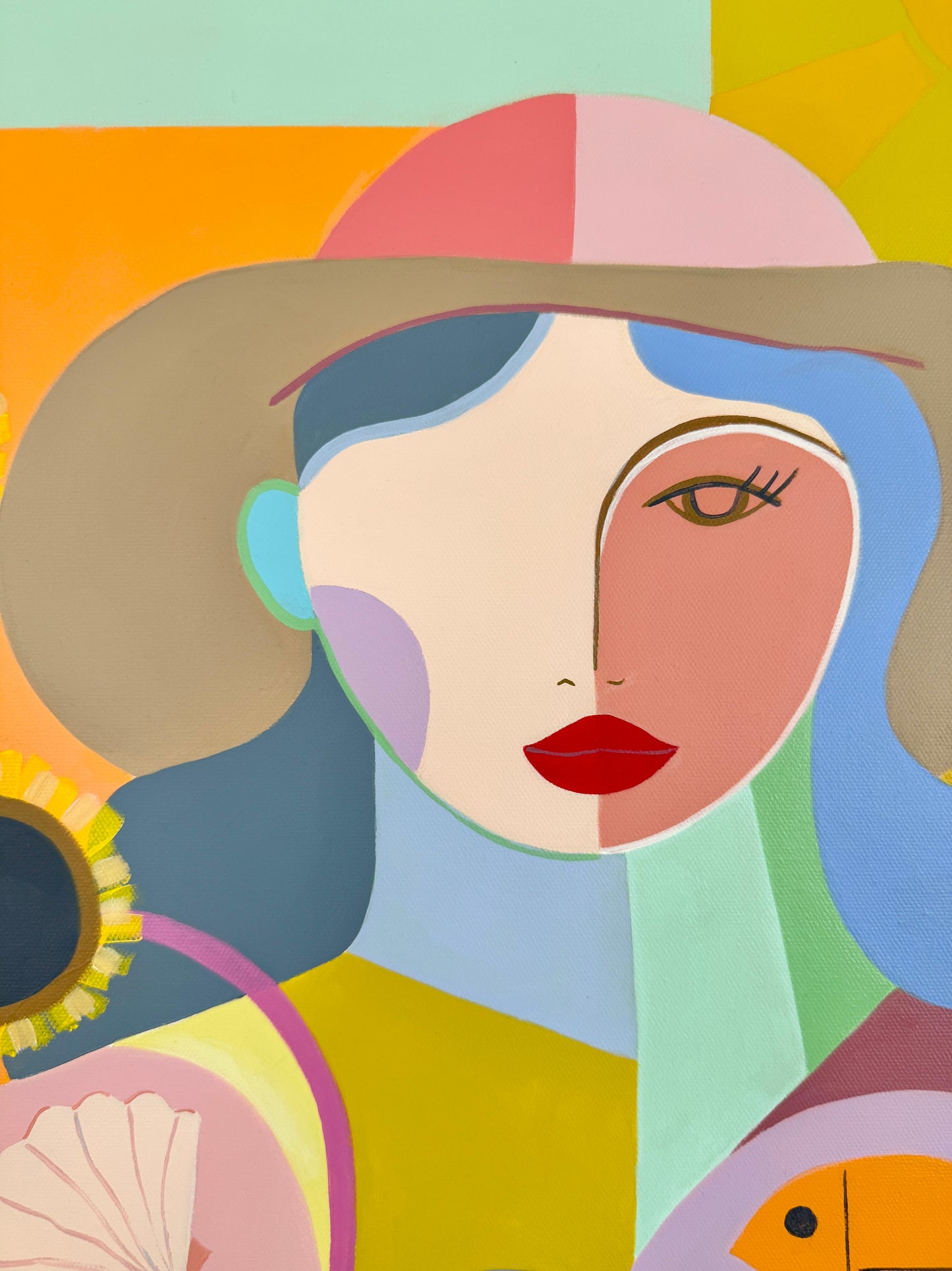 Rebecca Adler Market Day at the Shore Female Expressive Portrait Painting in White Floater Frame