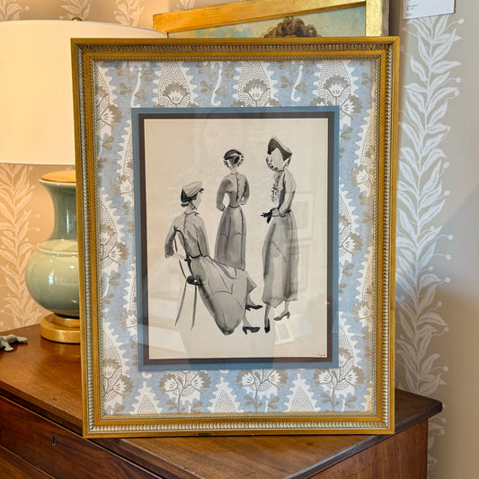 Catherine Figart Vogue Watercolor Fashion Illustration on Anna French Floral in Gold Frame