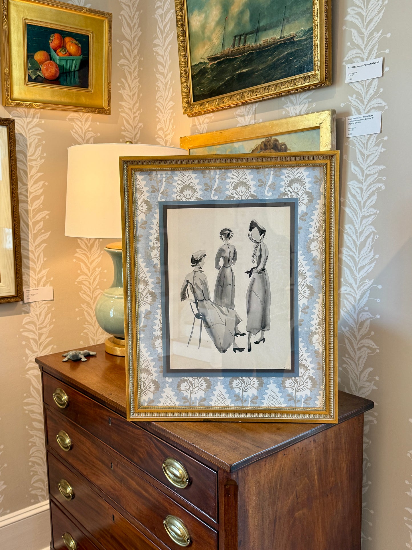 Catherine Figart Vogue Watercolor Fashion Illustration on Anna French Floral in Gold Frame